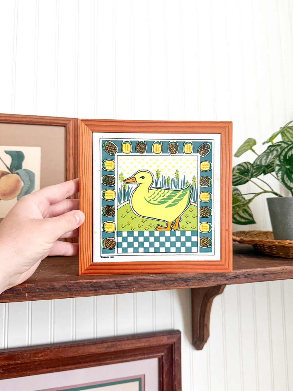 Vintage Yellow Duck Decorative Wall Tile Art in Wooden Frame